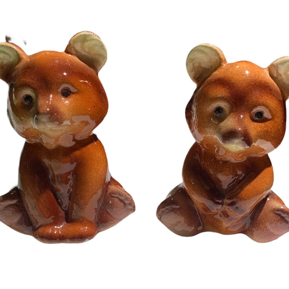 Vintage Brown Bear Cub Ceramic Salt and Pepper Shakers 3.5"